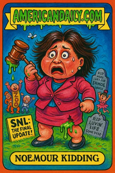 A satirical trading card depicting Kristi Noem in a graveyard scene, with a shocked expression, oversized head, and comedic elements mocking her political downfall.