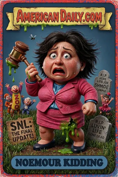 A satirical trading card depicting Kristi Noem in a graveyard scene, with a shocked expression, oversized head, and comedic elements mocking her political downfall. — 3D version