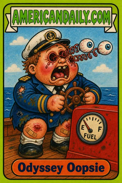 A grubby cartoon cruise-company CEO kid in a stained captain’s uniform clutches a ship wheel as his eyeballs pop out on springy stalks, with a fuel gauge and open ocean behind him.
