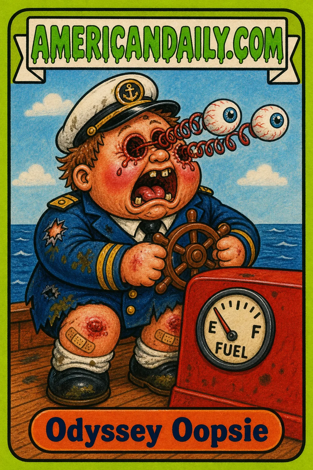 A grubby cartoon cruise-company CEO kid in a stained captain’s uniform clutches a ship wheel as his eyeballs pop out on springy stalks, with a fuel gauge and open ocean behind him.