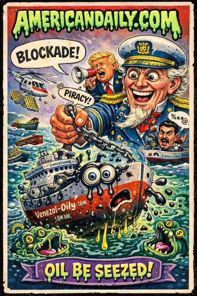 Cartoon trading card parody of U.S. naval blockade seizing a Venezuelan oil tanker, with exaggerated Uncle Sam, Trump, Maduro, and oil-spilling tanker characters in satirical comic style.