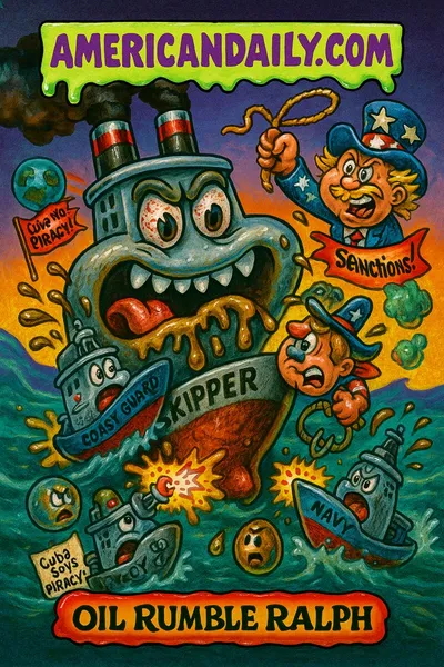 Grotesque cartoon of a giant angry oil tanker with googly eyes being wrestled by tiny military boats and a madcap U.S. cowboy character, satirizing the U.S. seizure of a Venezuelan oil tanker and geopolitical escalation.