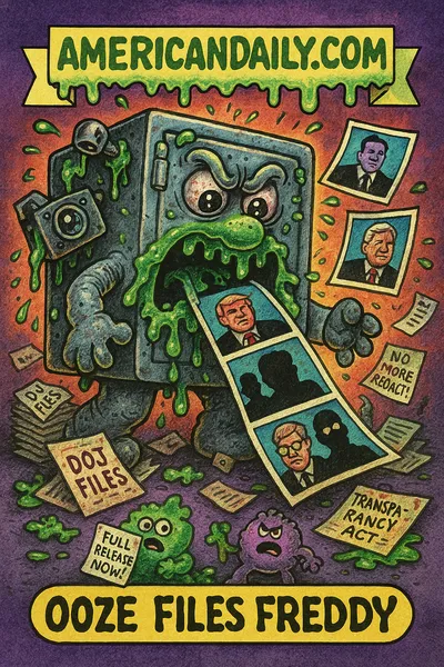 A grotesque cartoon monster made of tangled cameras, redacted photos, and slimy figures representing Trump, Clinton, Gates and others stumbling out of a leaking vault, satirizing the release of Epstein photos with political tension.