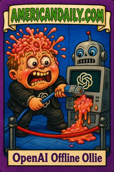 A grotesque cartoon kid in a dark jacket yanks an Ethernet cable from a robot-headed computer as brain-goo leaks from the kid’s head; a red security barrier stands in a blue test lab beneath the AMERICANDAILY.COM logo.