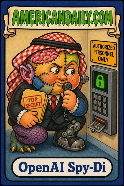 A grotesque cartoon kid in a business suit and red-checkered keffiyeh crouches beside an office security panel, holding a small microphone and folder; his body is stitched together from mismatched parts. The card bears the AMERICANDAILY.COM logo and the name OpenAI Spy-Di.