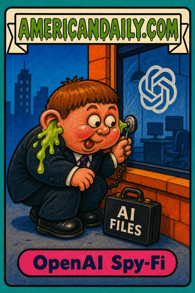 A grotesque cartoon kid in a dark suit crouches beside an office window with a listening device as green slime pours from his ears; a briefcase nearby reads “AI FILES.”