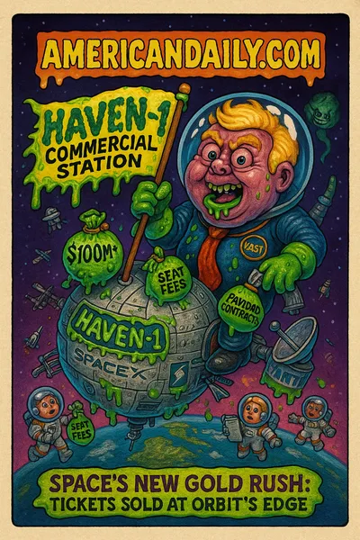 Cartoon parody of a monstrous startup-CEO creature planting a billboard on an orbital station module labeled "HAVEN-1," tiny astronauts carrying cash and equipment, Earth and space debris behind, top banner "AMERICANDAILY.COM."