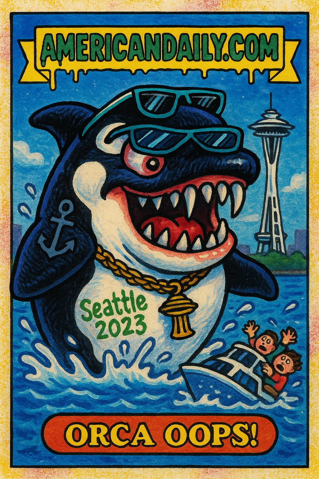 A satirical illustration of a comically grotesque killer whale in Seattle with exaggerated features and chaotic scene of whale watchers.