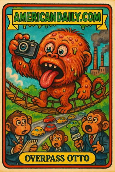 A grotesque orangutan named 'Overpass Otto' crosses a canopy bridge laughing and grimacing wildly, surrounded by chaotic jungle and toy cars below.