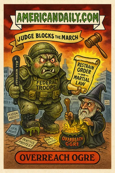 Grotesque parody trading card: a militaristic ogre wearing boots labeled "Federal Troops" storms toward Portland, trampling protest tents. A judge-wizard in robes blocks him with a glowing scroll reading "Restrain Order - No Martial Law." Portland skyline and protest signs in background. Top banner "AMERICANDAILY.COM."
