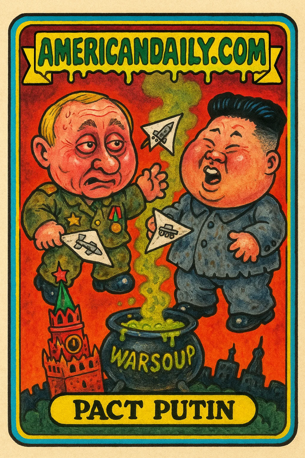A grotesque cartoon of 'Pact Putin' and a North Korean diplomat tossing paper planes amidst a bent Kremlin and boiling cauldron of green slime.