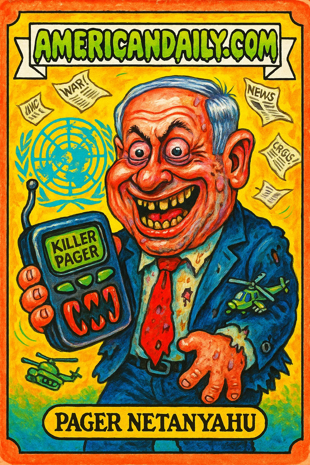 A grotesque cartoon of Netanyahu with a wild grin, wielding a monstrous pager, against a chaotic UN-themed backdrop.