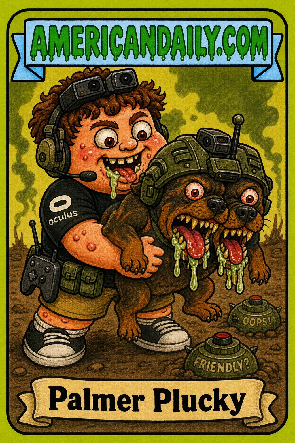 A Garbage Pail Kids-style card featuring Palmer Plucky, a grotesque cartoon of Palmer Luckey holding a two-headed war dog with tech gear.