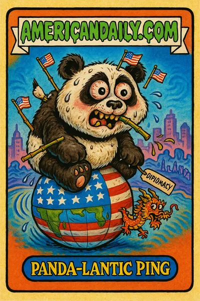 Giant panda with oversized head on a US flag-covered globe, bamboo sticking out comically, Chinese dragon hanging onto 'Diplomacy' tag, Atlanta skyline in background.