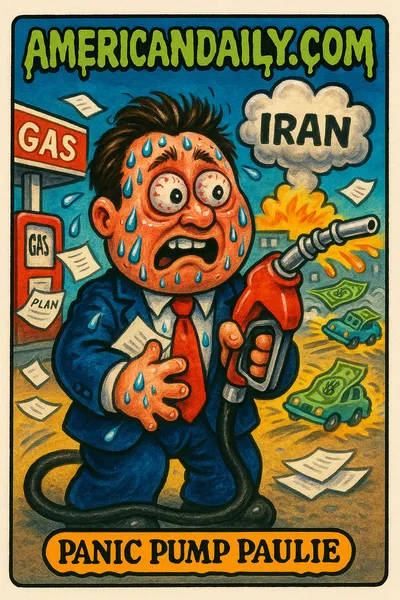 Cartoon of a political advisor freaking out over gas prices with a chaotic war room backdrop.