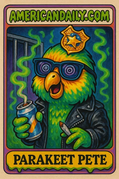 Cartoon of 'Parakeet Pete', a parakeet with beer and marijuana in a Jail setting.