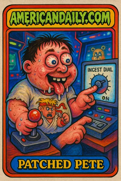 A grotesque video game developer with bulging eyes and greasy hair, adjusting an 'incest dial' in an arcade setting.