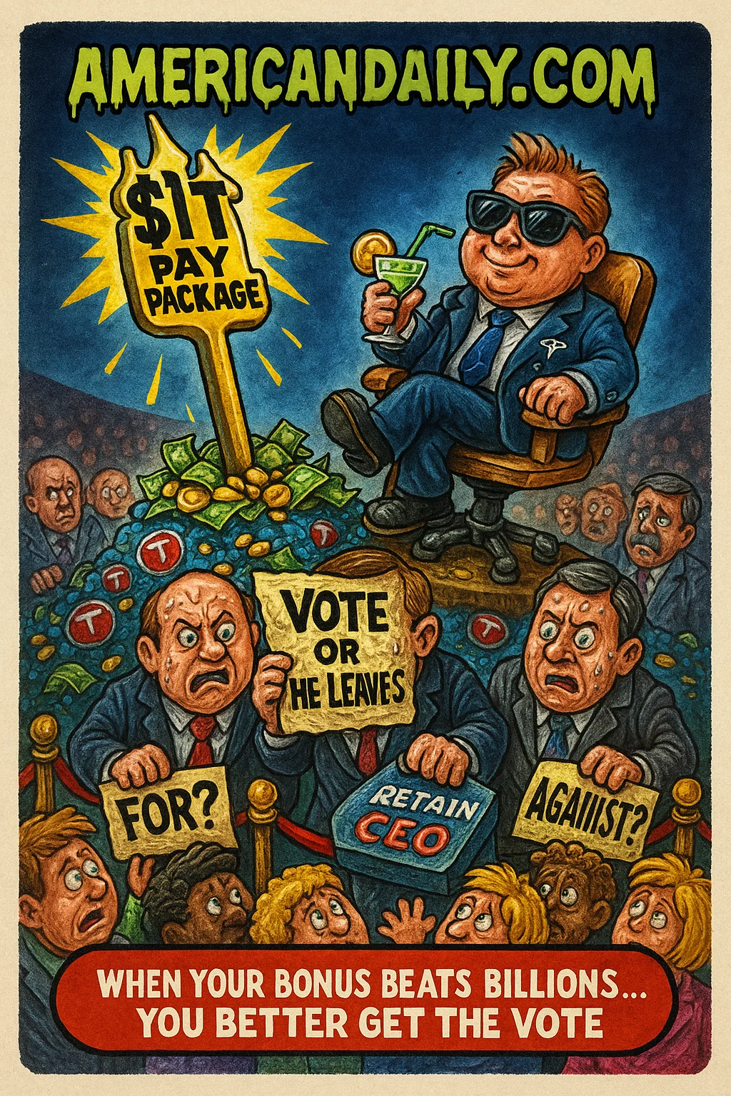 A satirical trading card snapshot of Tesla's board pressing shareholders to approve a historic pay package for the CEO - or face losing him and billions in value.