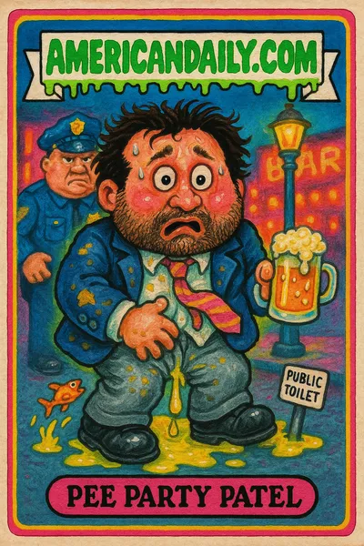 A grotesque cartoon character, Pee Party Patel, with an oversized head and disheveled suit, panicking as he urinates publicly. A frothy mug in hand, surrounded by neon bar lights.