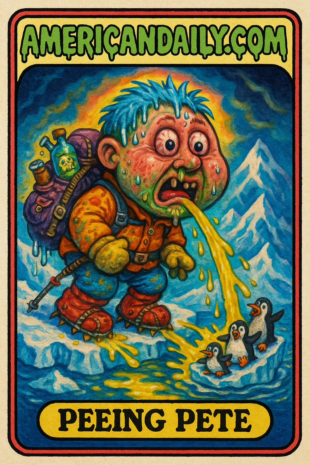 A satirical trading card of 'Peeing Pete', a grotesque climber with urine melting an Everest glacier, surrounded by chaotic storm clouds and penguins.