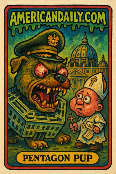 Trading card featuring 'Pentagon Pup,' a Pentagon building with a grotesque dog head barking at a caricatured Pope. Background shows warped Vatican City architecture.