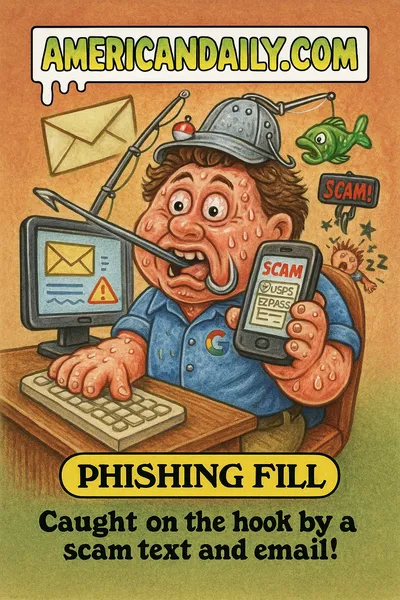 Cartoon trading card depicting "Phishing Fill," a cybercriminal in a toll visor and postal hat holding a glowing smartphone showing fake "E-ZPass Pay Now" and "USPS Delivery Alert" messages, standing atop broken phones and spilled wallets, a ghostly "Lighthouse Platform" looming behind. Top banner reads "AMERICANDAILY.COM," bottom nameplate "PHISHING FILL," caption "When your toll text is their treasure chest."