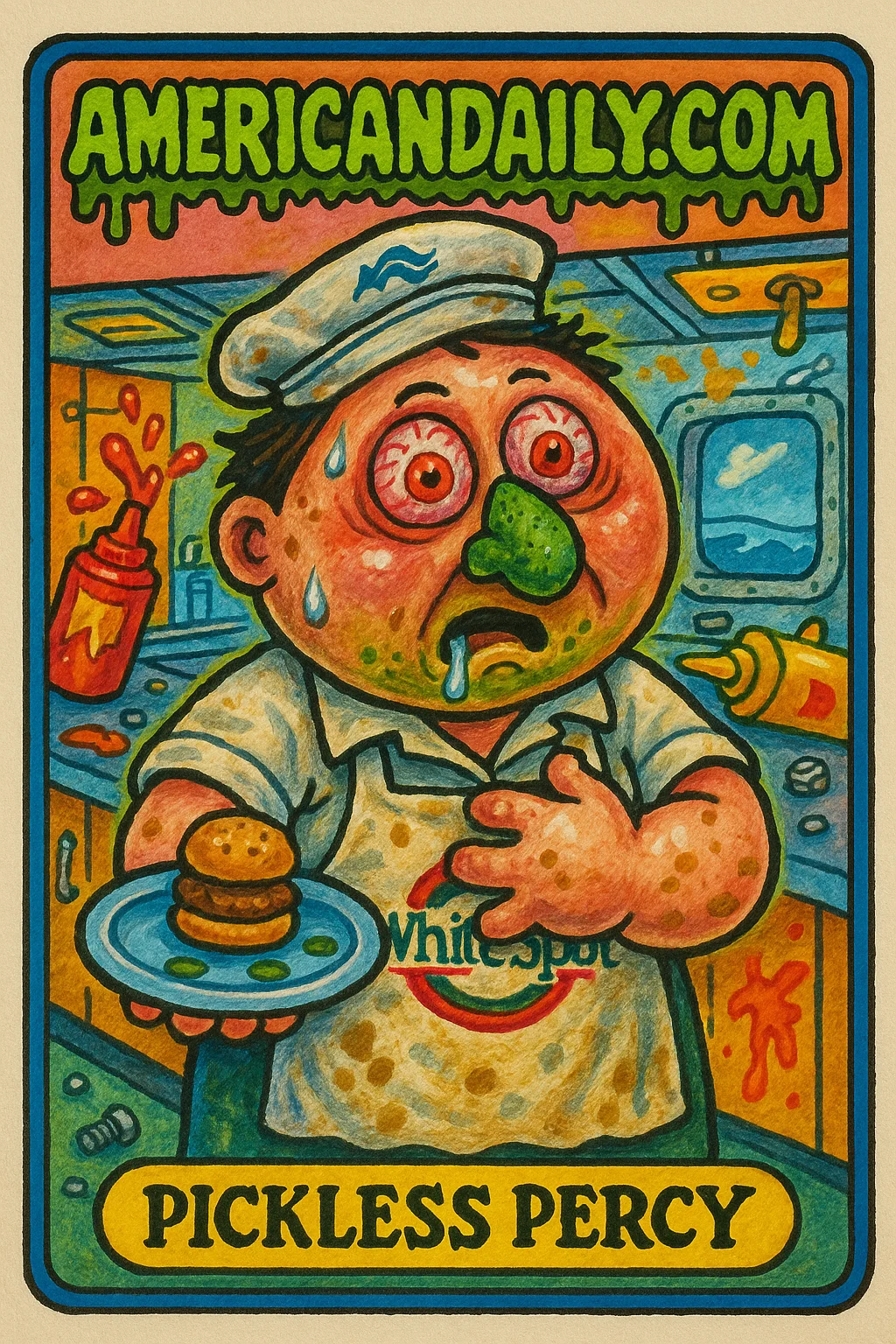 A satirical trading card featuring a grotesque character, 'Pickless Percy', at a ferry diner, aghast at their pickle-less plate.