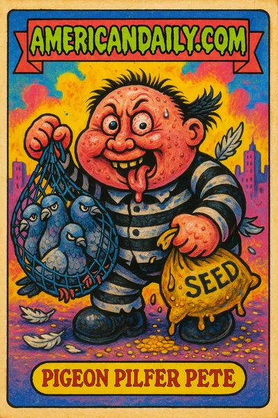 A Garbage Pail Kids-style trading card of 'Pigeon Pilfer Pete', a grotesque thief with a net of racing pigeons and a sack of birdseed.