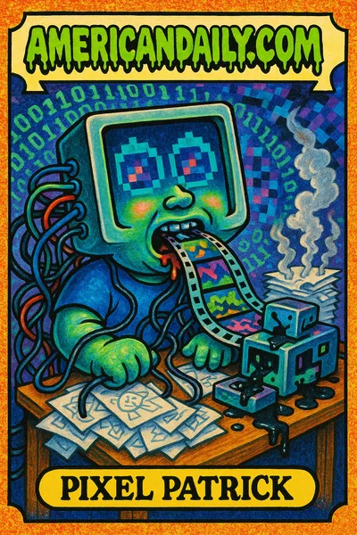 Grotesque trading card of 'Pixel Patrick', an AI engineer with a computer monitor head spewing digital images, amid chaotic tech scenery.
