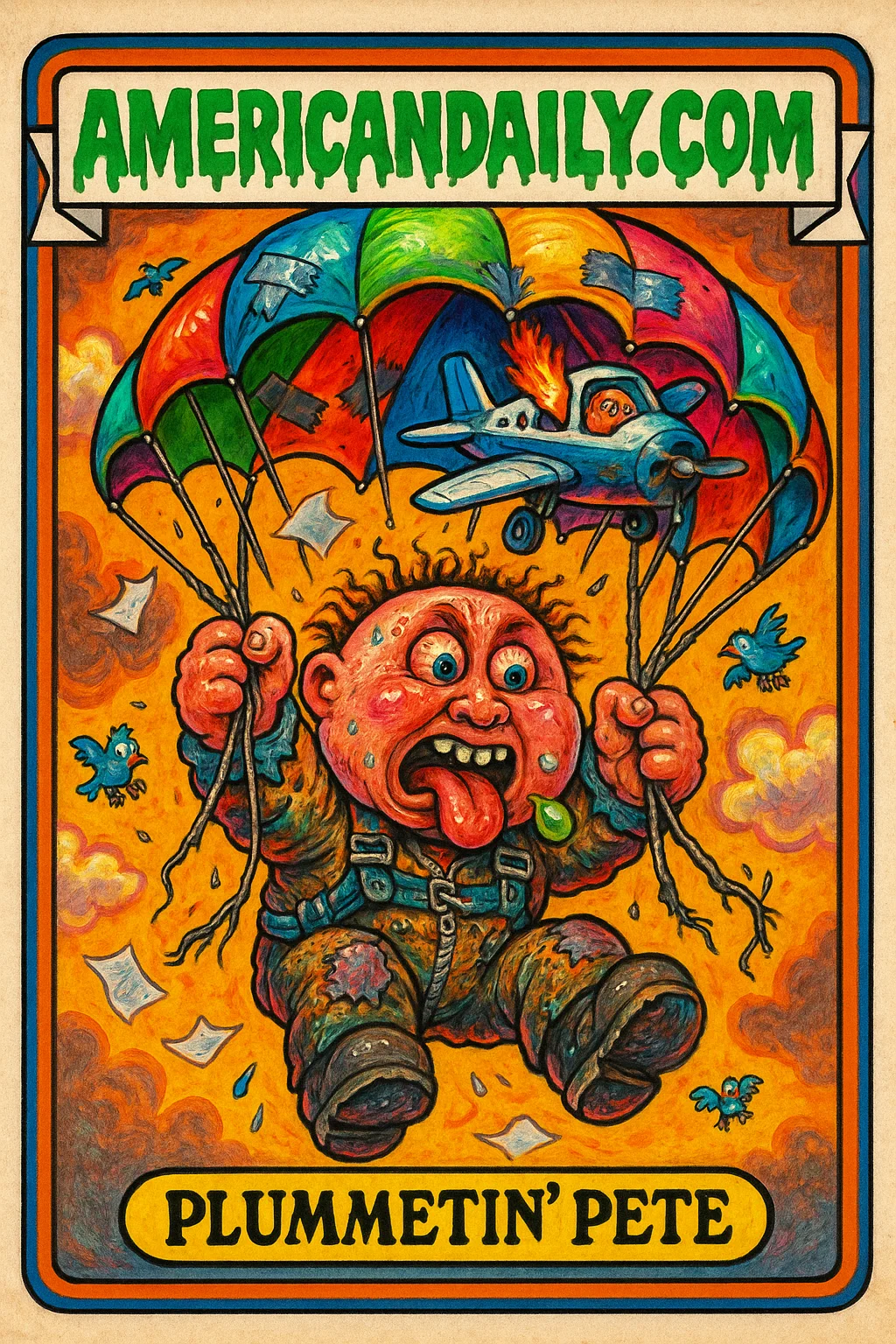 An exaggerated cartoon of a shocked paraglider mid-fall, with a plane crashing through the parachute. The character looks crazed and grotesque.