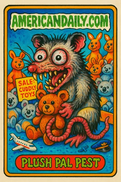 Grotesque cartoon of a possum with bulging eyes hiding among plush toys in an airport gift shop.