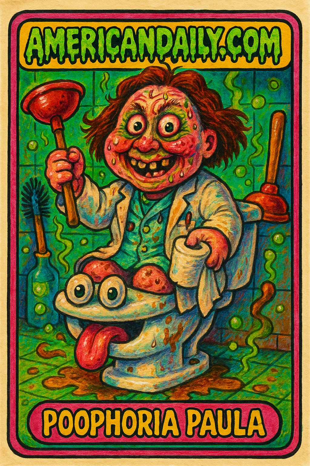 A trading card of 'Poophoria Paula', a grotesque cartoon gastroenterologist holding a plunger and toilet paper, seated on an animated toilet with chaotic bathroom elements.