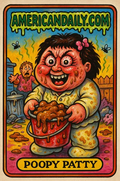 A trading card featuring Poopy Patty, a manic woman with wild hair and bulging eyes, holding a messy bucket while stink lines and flies surround her.