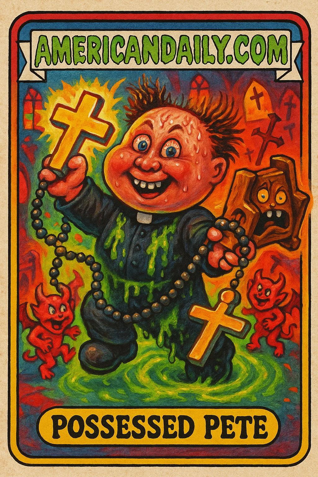 A satirical trading card featuring 'Possessed Pete', a grotesquely exaggerated priest handling exaggerated exorcism chaos, with cartoon devils and a singing, possessed pew in a church scene.