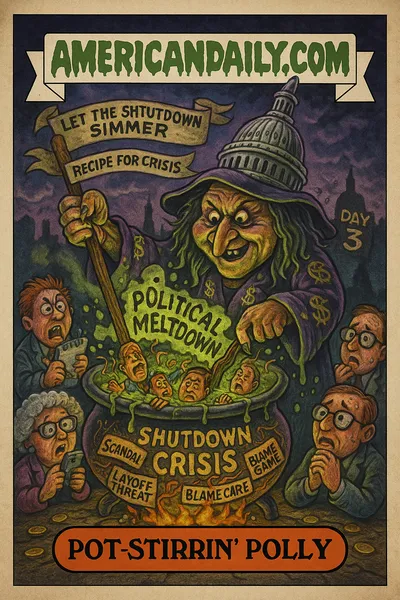 Grotesque parody trading card: a witch labeled "Slow-Boil Sorceress" stirs a bubbling cauldron full of politicians, memos, and wires labeled "Scandal," "Layoff Threat," "Blame Game," "Health Care." Steam spells "Political Meltdown." Around the pot, caricatures of reporters and citizens lean in. The witch's hat looks like the Capitol dome. Clock in background nears "Day 3." Banners overhead read "Let the Shutdown Simmer" and "Recipe for Crisis." Top banner reads "AMERICANDAILY.COM."