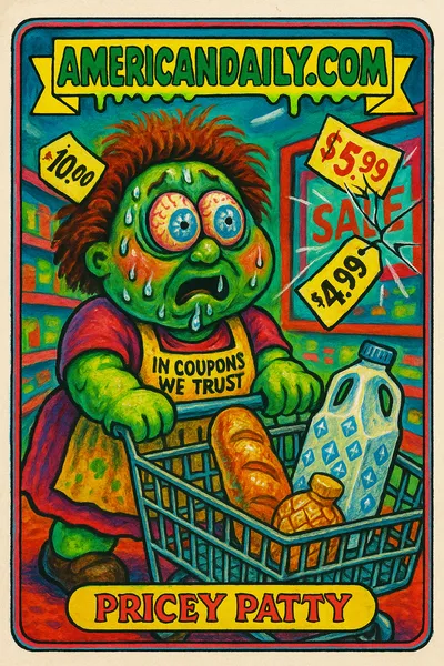A grotesque character, Pricey Patty, in a chaotic grocery aisle overwhelmed by high prices, with exaggerated features, drooling and sweating in disbelief.