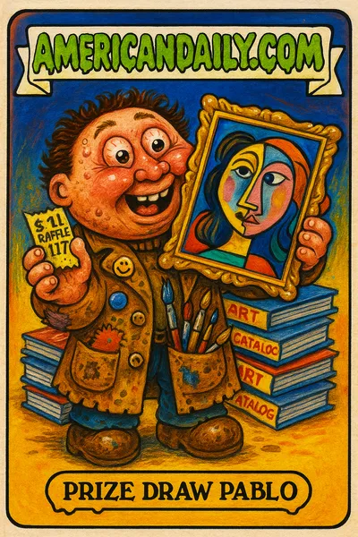 Grotesque trading card of 'Prize Draw Pablo' holding a raffle ticket and an animated Picasso painting in a cluttered art room.