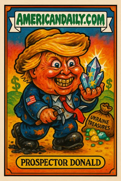 A grotesque caricature of Donald Trump as a prospector, clutching a rare earth crystal, with a mutant grin and bulging eyes. Satirical illustration.