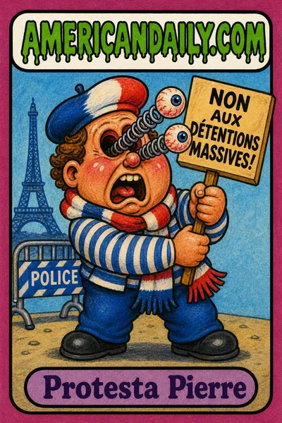 A grotesque cartoon protester kid in a French tricolor beret and scarf clutches a placard as his eyes spring from their sockets, with an Eiffel Tower silhouette and police barrier behind him. The card bears the AMERICANDAILY.COM logo and the name Protesta Pierre.