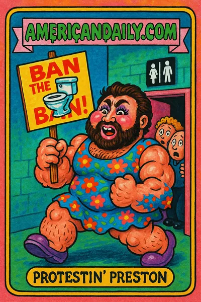 A Garbage Pail Kids-style illustration featuring 'Protestin' Preston', a muscular, bearded trans man in a floral dress protesting against bathroom laws, in exaggerated, grotesque caricature style.
