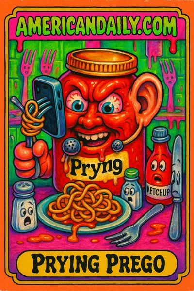 A grotesque anthropomorphic Prego jar with a smartphone ear, surrounded by terrified utensils, looming over a chaotic spaghetti dinner scene.