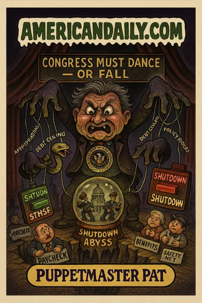 Satirical trading card showing Trump as a Puppetmaster pulling Congress's strings over a looming shutdown abyss, highlighting the high-stakes struggle over funding and policy control.