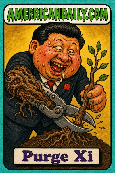 A retro grotesque trading card shows a Xi Jinping caricature in a dark suit, his arm mutated into root-entangled pruning shears as he snips a sapling against a pale-gold background.