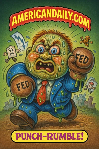Cartoon of a wrestler labeled Fed Chair throwing rate-cut gloves at inflation monsters in a ring, banner 'AMERICANDAILY.COM,' caption 'Punch-Drunk Prices!'
