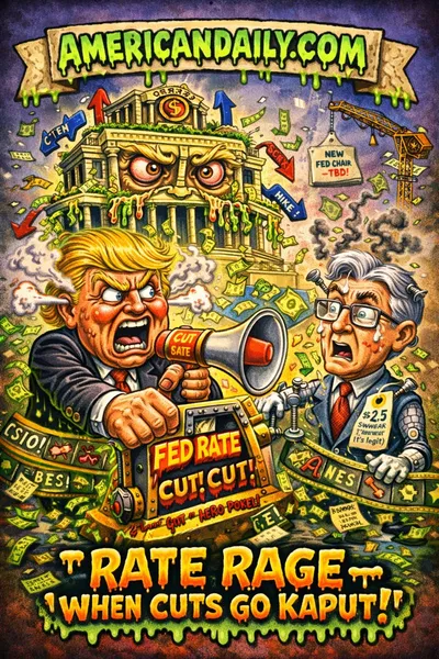 Cartoon trading card of an angry Trump caricature pulling a giant Fed rate lever opposite a sweaty robot Powell, with a melting Federal Reserve building and bizarre Wall Street chaos.