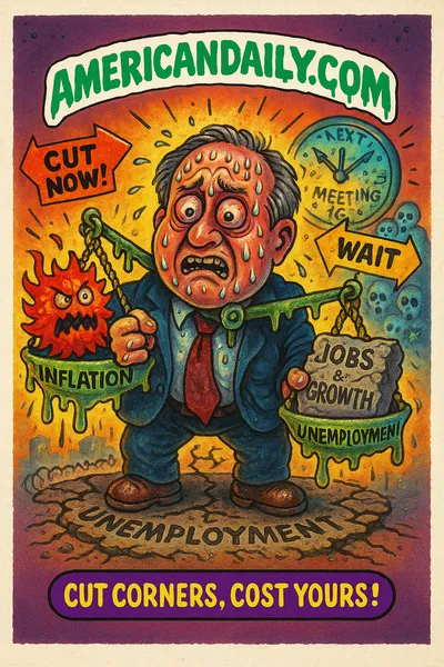 Greasy Fed official balancing scales with inflation monster vs jobs growth statue, cracked floor unemployment, clock ticking, banner AMERICANDAILY.COM, caption Cut Corners, Cost Yours!