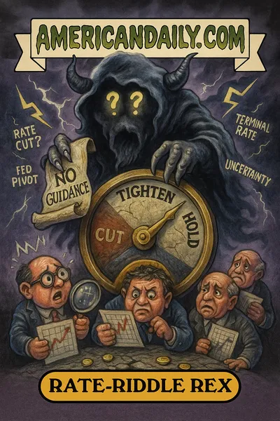 Parody trading card: a mysterious beast "Rate-Riddle Rex" hovers over a large interest rate dial marked "Tighten / Hold / Cut," holding a scroll "No Guidance." Below, investors look up in confusion, while lightning bolts above carry tags "Rate Cut?" and "Fed Pivot." Top banner reads "AMERICANDAILY.COM."