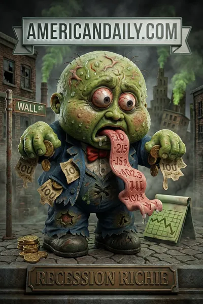 A satirical trading card showing Recession Richie, symbolizing economic downturn with grotesque features like a deflated suit and melting coins. — 3D version