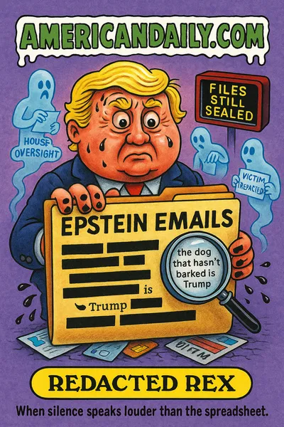 Cartoon trading card depicting "Redacted Rex" behind a massive redacted folder labeled "EPSTEIN EMAILS," his fingers stained black with ink-blots, a magnifying-glass reveals "the dog that hasn't barked is Trump," ghost-figures wire documents marked "HOUSE OVERSIGHT" and "VICTIM [REDACTED]," top banner "AMERICANDAILY.COM," bottom nameplate "REDACTED REX" with caption "When silence speaks louder than the spreadsheet."