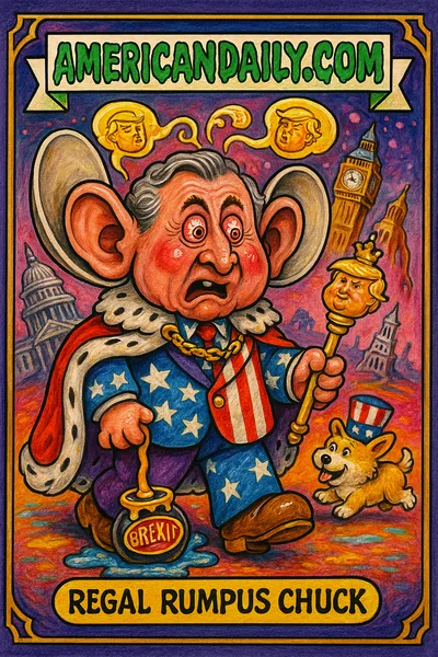 A grotesque cartoon of King Charles with exaggerated ears and a Trump-like scepter, struggling with a chaotic diplomatic meeting, set against melting U.S.-U.K. landmarks.